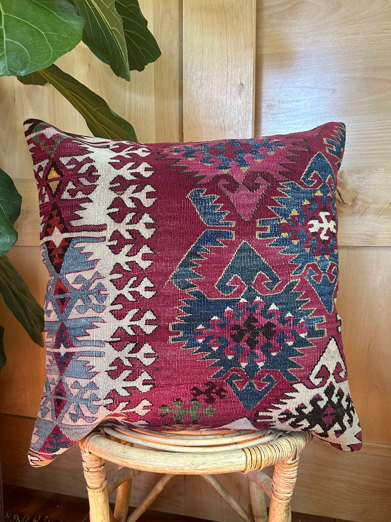 Handwoven Turkish Kilim Pillow Cover – Vintage Wool Cushion with Tribal Geometric Patterns in Burgundy, Navy Blue, and Cream – Boho and Rustic Home Decor