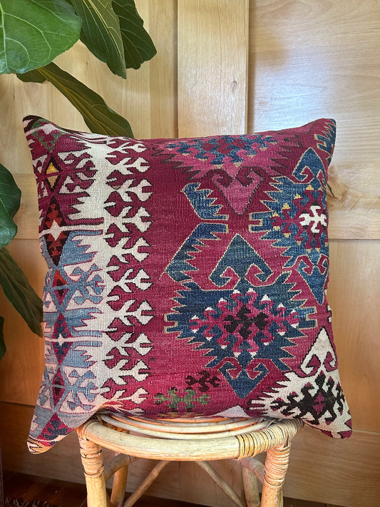 Handwoven Turkish Kilim Pillow Cover – Vintage Wool Cushion with Tribal Geometric Patterns in Burgundy, Navy Blue, and Cream – Boho and Rustic Home Decor