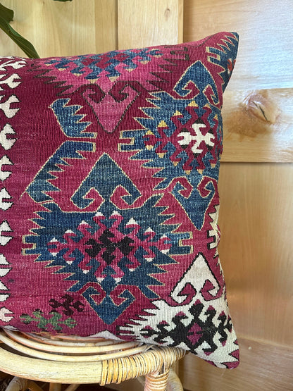 Handwoven Turkish Kilim Pillow Cover – Vintage Wool Cushion with Tribal Geometric Patterns in Burgundy, Navy Blue, and Cream – Boho and Rustic Home Decor