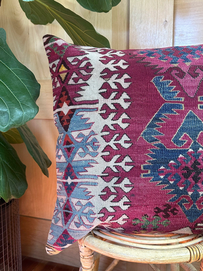 Handwoven Turkish Kilim Pillow Cover – Vintage Wool Cushion with Tribal Geometric Patterns in Burgundy, Navy Blue, and Cream – Boho and Rustic Home Decor