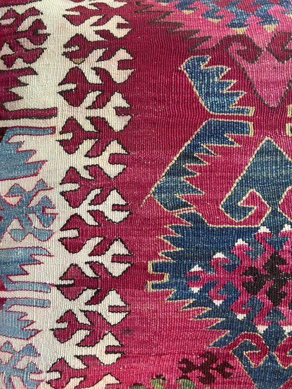 Handwoven Turkish Kilim Pillow Cover – Vintage Wool Cushion with Tribal Geometric Patterns in Burgundy, Navy Blue, and Cream – Boho and Rustic Home Decor