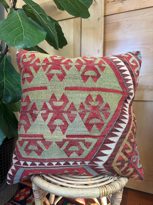 Handmade Turkish Kilim Pillow Cover – Vintage Wool Cushion with Red and Olive Green Tribal Geometric Patterns – Boho, Eclectic, and Rustic Home Decor Accent