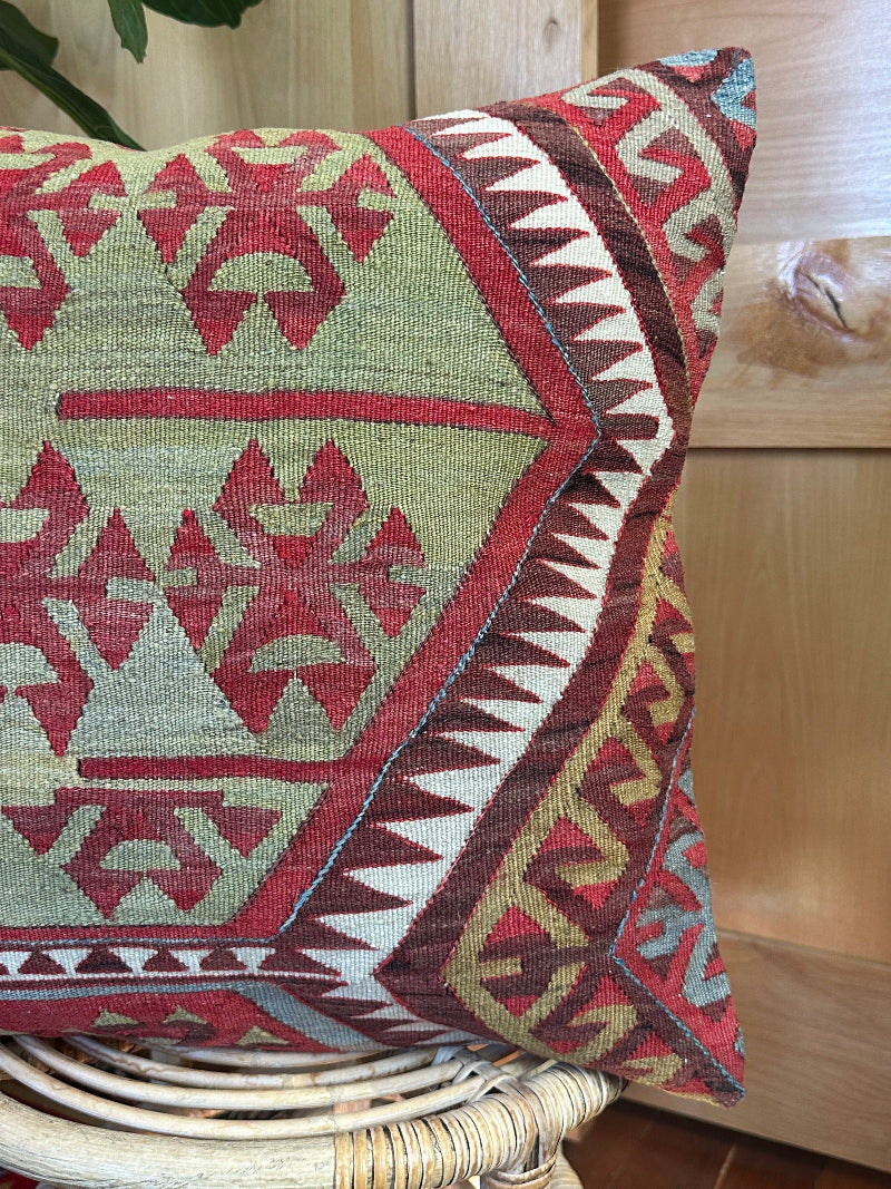Handmade Turkish Kilim Pillow Cover – Vintage Wool Cushion with Red and Olive Green Tribal Geometric Patterns – Boho, Eclectic, and Rustic Home Decor Accent