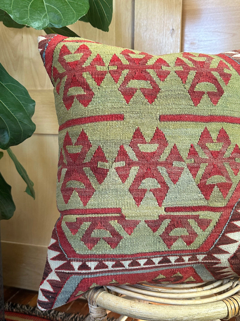 Handmade Turkish Kilim Pillow Cover – Vintage Wool Cushion with Red and Olive Green Tribal Geometric Patterns – Boho, Eclectic, and Rustic Home Decor Accent