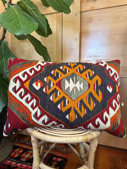 Decorative pillow with geometric pattern on a wicker chair next to a plant