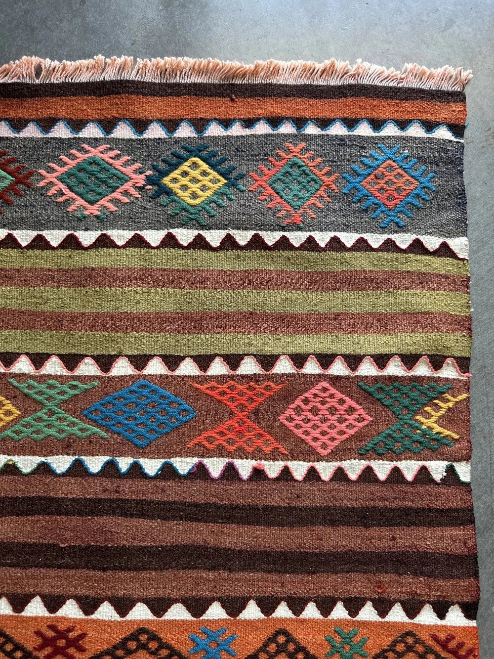 4 by 3 colorful Turkish area rug featuring striped pattern with geometric shapes throughout, perfect for bedroom or kids rooms