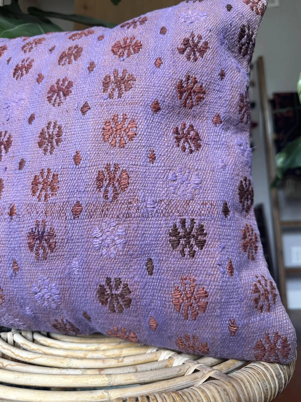 16 by 16 handmade Turkish pillow with embroidered followers and a deep purple color