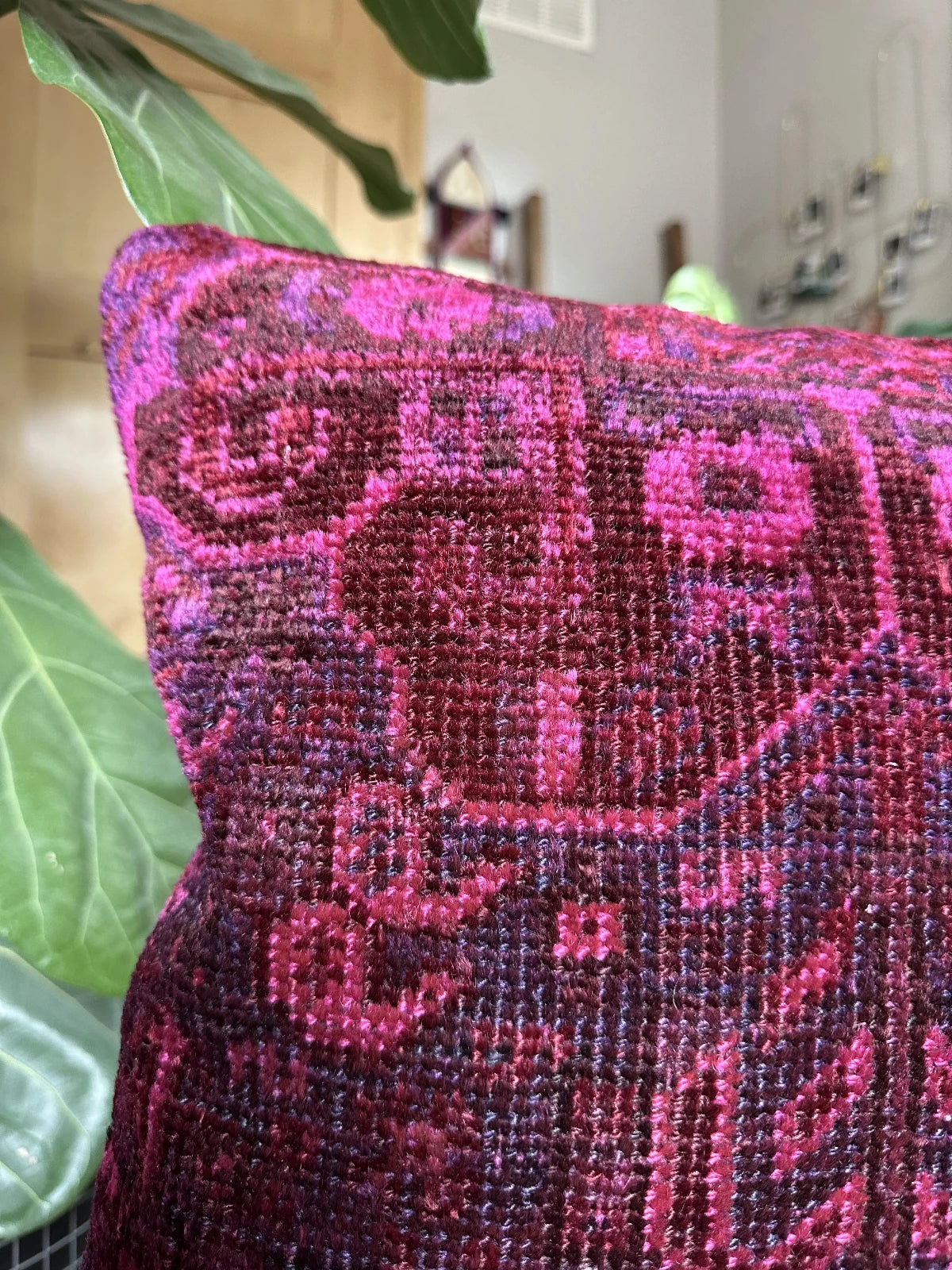 16 by 16 handmade Turkish throw pillow featuring hot pink and deep purple tones and a geometric floral design