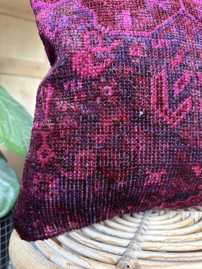 16 by 16 handmade Turkish throw pillow featuring hot pink and deep purple tones and a geometric floral design