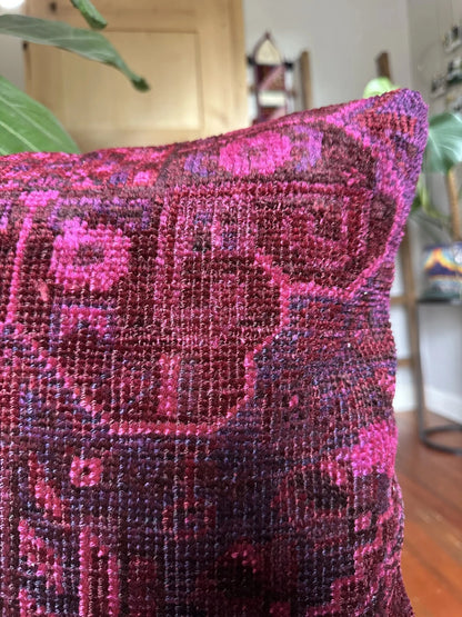 16 by 16 handmade Turkish throw pillow featuring hot pink and deep purple tones and a geometric floral design