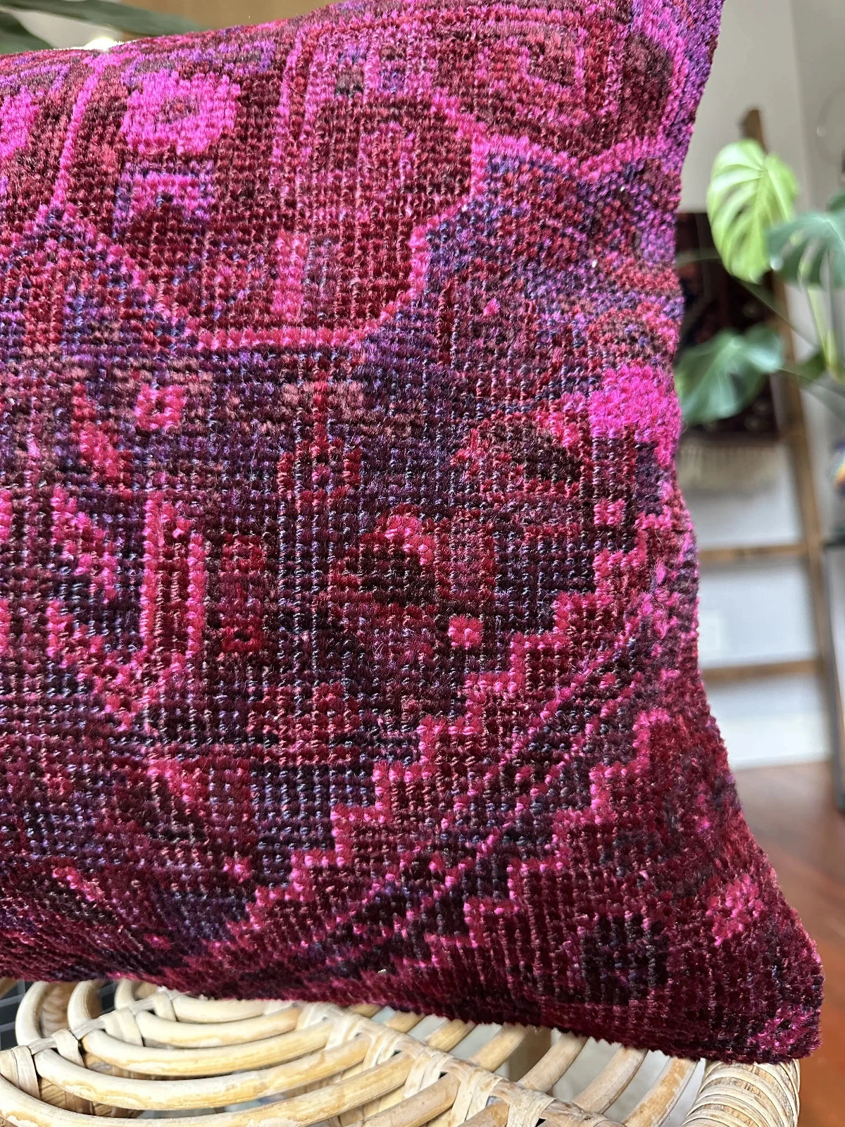 16 by 16 handmade Turkish throw pillow featuring hot pink and deep purple tones and a geometric floral design