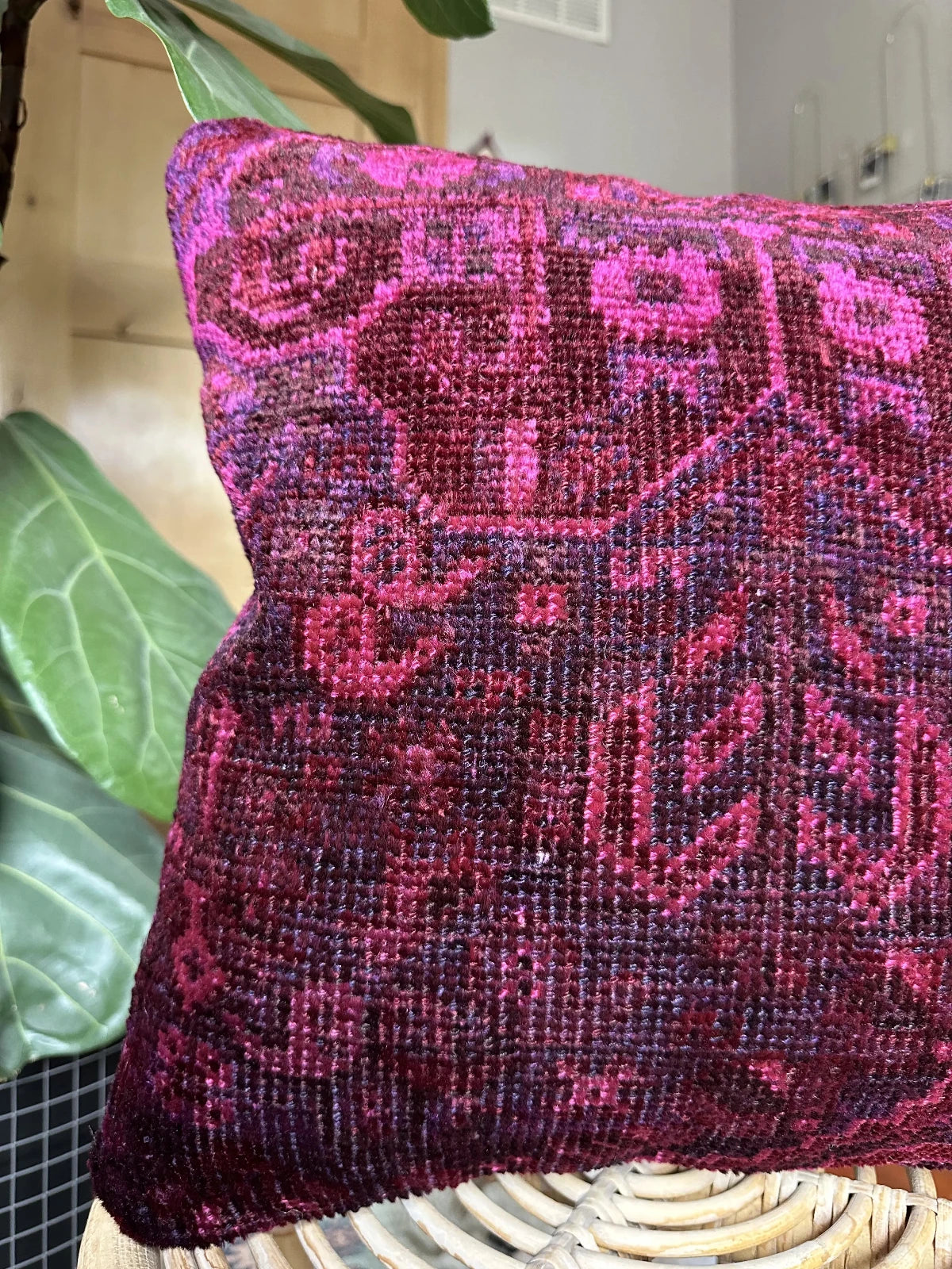 16 by 16 handmade Turkish throw pillow featuring hot pink and deep purple tones and a geometric floral design