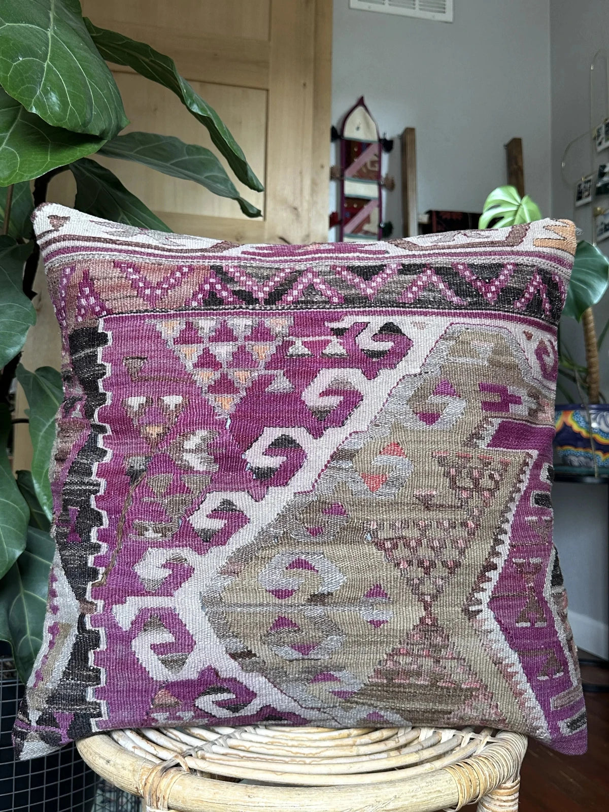 20 by 20 inch handmade Turkish kilim throw pillow featuring a purple and grey geometric design