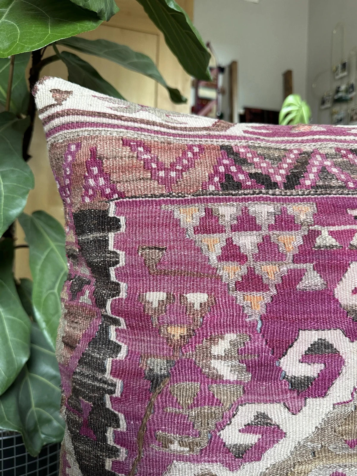 20 by 20 inch handmade Turkish kilim throw pillow featuring a purple and grey geometric design