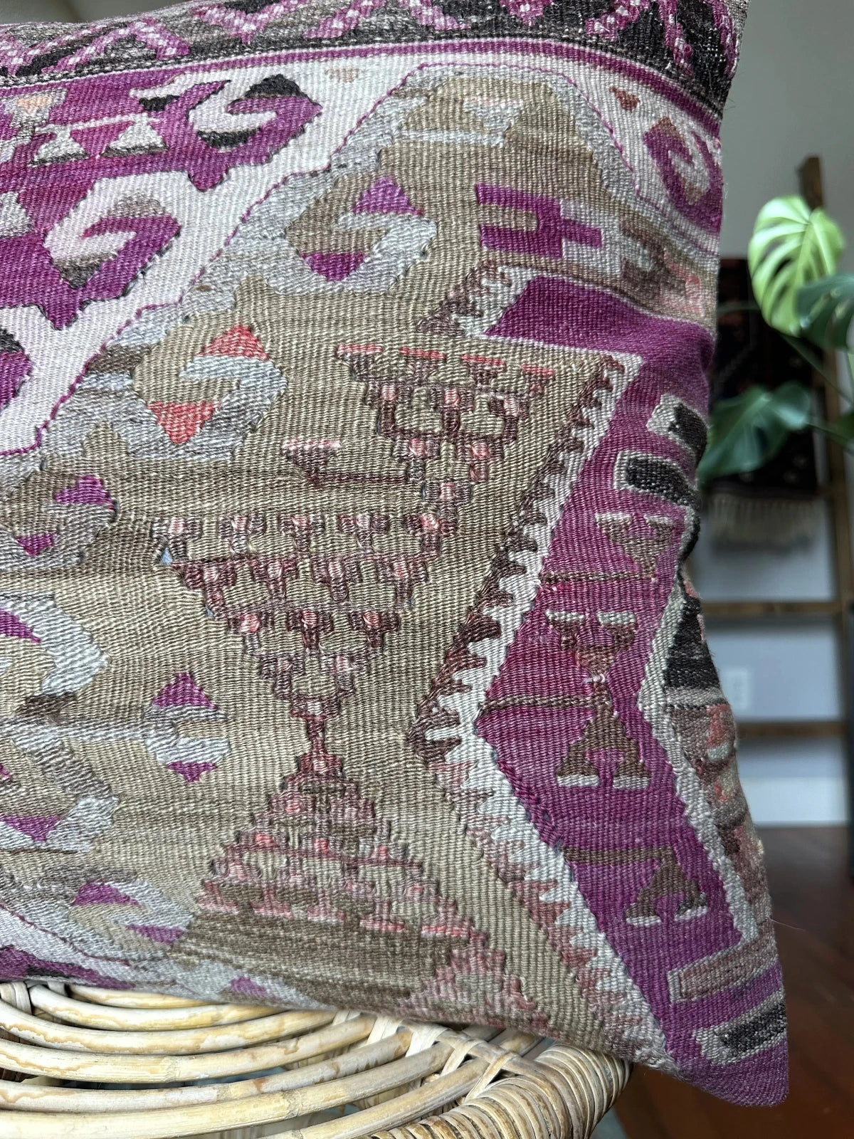 20 by 20 inch handmade Turkish kilim throw pillow featuring a purple and grey geometric design