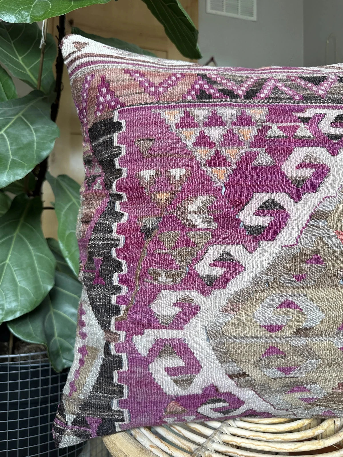 20 by 20 inch handmade Turkish kilim throw pillow featuring a purple and grey geometric design