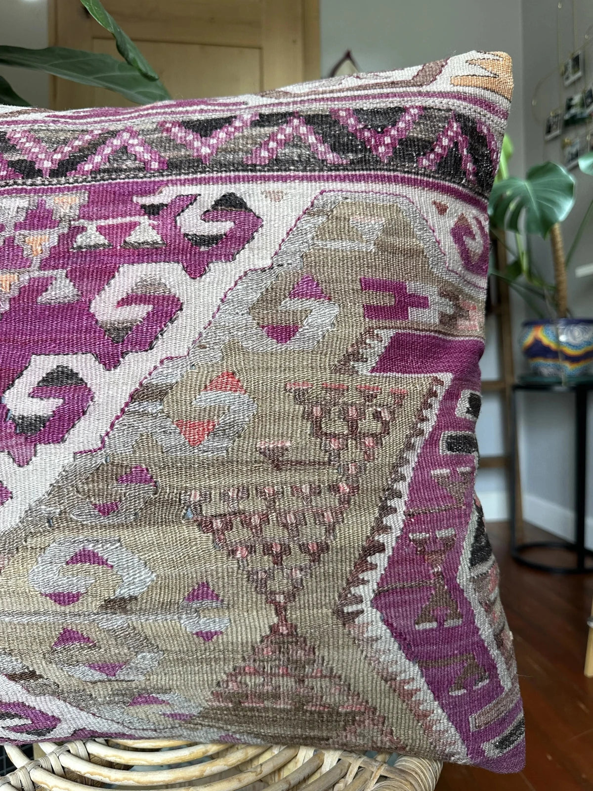 20 by 20 inch handmade Turkish kilim throw pillow featuring a purple and grey geometric design