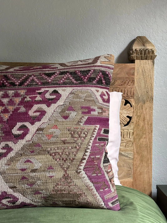 20 by 20 inch handmade Turkish kilim throw pillow featuring a purple and grey geometric design