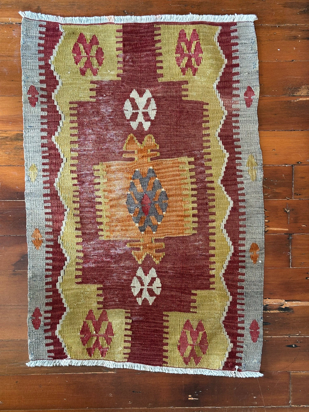 Handwoven Turkish Kilim Rug – Geometric Tribal Design in Burgundy, Olive Green, and Gray – Small Vintage-Style Area Rug – Artisan-Made Home Decor