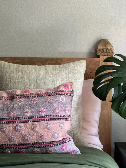 16 by 24 inch handmade Turkish lumbar pillow featuring a pink and purple striped design and embroidered pink flowers throughout