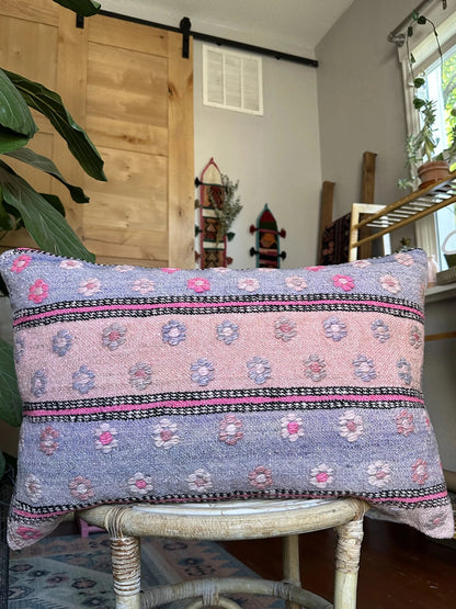 16 by 24 inch handmade Turkish lumbar pillow featuring a pink and purple striped design and embroidered pink flowers throughout