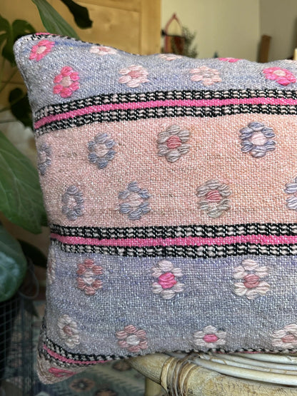 16 by 24 inch handmade Turkish lumbar pillow featuring a pink and purple striped design and embroidered pink flowers throughout