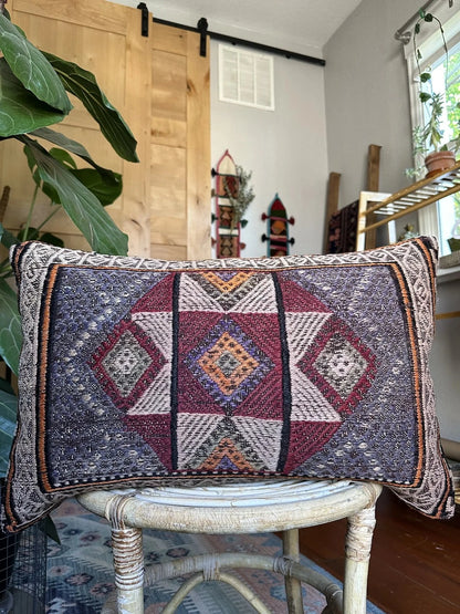 15 by 24 inch handmade Turkish lumbar pillow featuring a beautiful embroidered 8-pointed star medallion in the center