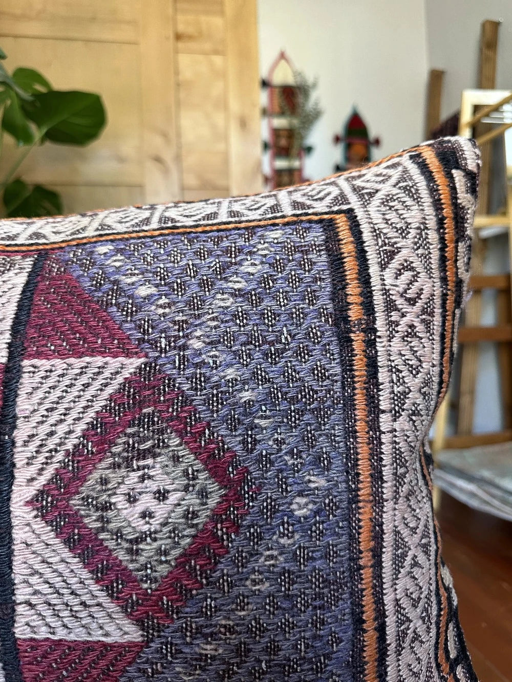 15 by 24 inch handmade Turkish lumbar pillow featuring a beautiful embroidered 8-pointed star medallion in the center