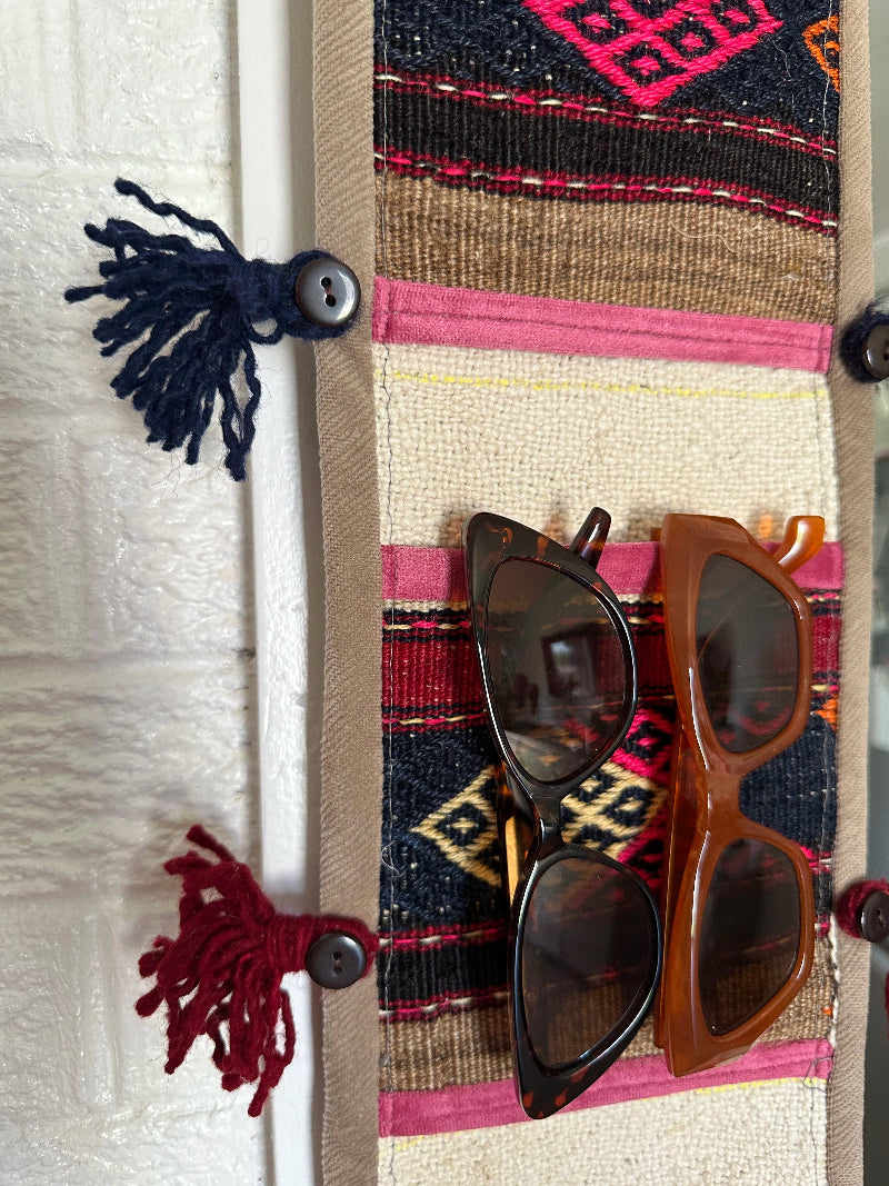 multi-colored fabric 3 pocket wall organizer and accessory holder made from turkish rug fragments