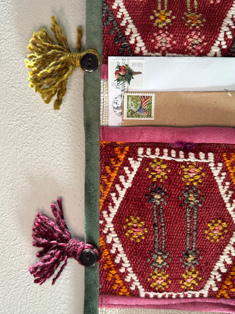 multi-colored fabric 3 pocket wall organizer and accessory holder made from turkish rug fragments