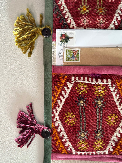 multi-colored fabric 3 pocket wall organizer and accessory holder made from turkish rug fragments