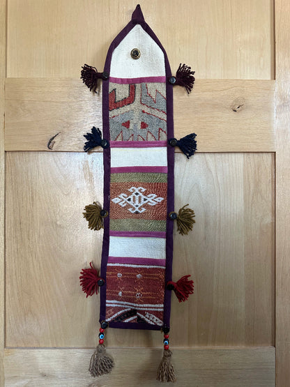 Handmade Turkish Kilim Wall Organizer – Colorful 3-Pocket Hanging Storage with Tassels and Evil Eye Charm – Boho and Eclectic Home Decor Accent