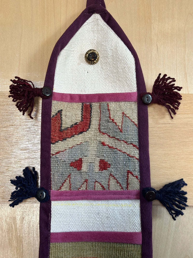 Handmade Turkish Kilim Wall Organizer – Colorful 3-Pocket Hanging Storage with Tassels and Evil Eye Charm – Boho and Eclectic Home Decor Accent