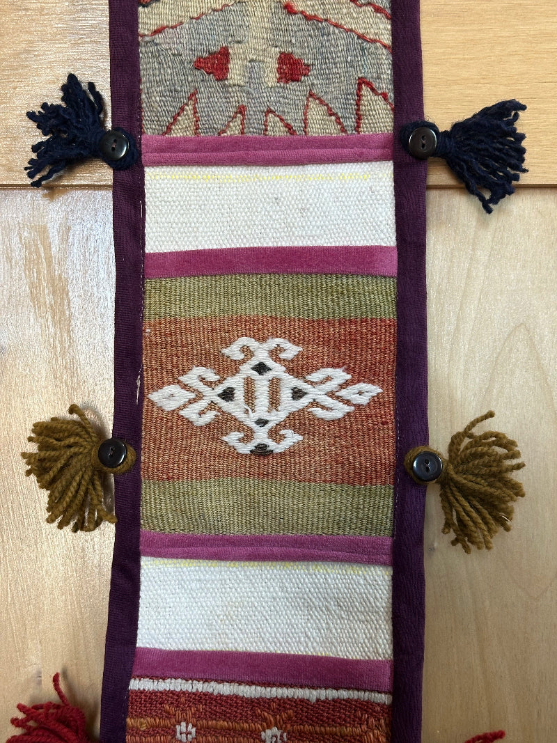 Handmade Turkish Kilim Wall Organizer – Colorful 3-Pocket Hanging Storage with Tassels and Evil Eye Charm – Boho and Eclectic Home Decor Accent