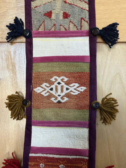Handmade Turkish Kilim Wall Organizer – Colorful 3-Pocket Hanging Storage with Tassels and Evil Eye Charm – Boho and Eclectic Home Decor Accent