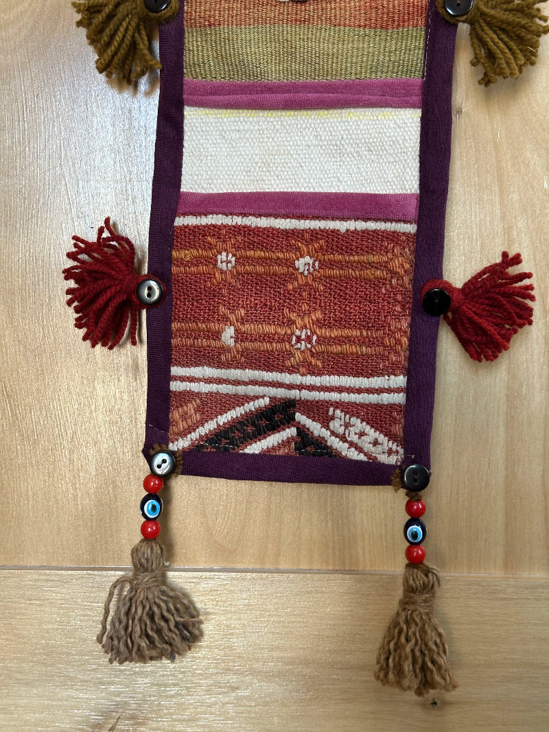 Handmade Turkish Kilim Wall Organizer – Colorful 3-Pocket Hanging Storage with Tassels and Evil Eye Charm – Boho and Eclectic Home Decor Accent