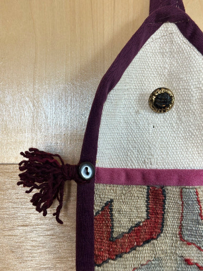 Handmade Turkish Kilim Wall Organizer – Colorful 3-Pocket Hanging Storage with Tassels and Evil Eye Charm – Boho and Eclectic Home Decor Accent