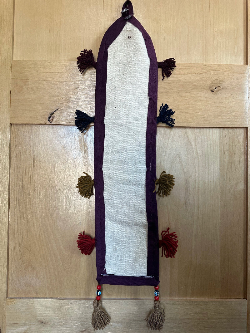 Handmade Turkish Kilim Wall Organizer – Colorful 3-Pocket Hanging Storage with Tassels and Evil Eye Charm – Boho and Eclectic Home Decor Accent