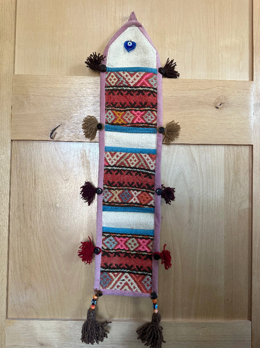 Handmade Turkish Kilim Wall Organizer – Colorful 3-Pocket Hanging Storage with Tassels and Evil Eye Charm – Boho and Eclectic Home Decor Accent