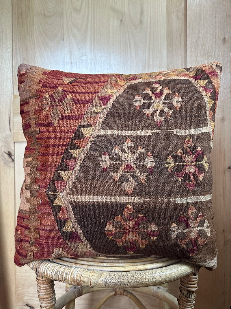 Vintage Turkish Kilim Pillow Cover – Handwoven Wool Cushion with Brown, Burgundy, and Beige Tribal Motifs – Rustic, Boho, and Southwestern Home Decor Accent