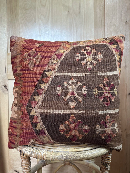 Vintage Turkish Kilim Pillow Cover – Handwoven Wool Cushion with Brown, Burgundy, and Beige Tribal Motifs – Rustic, Boho, and Southwestern Home Decor Accent
