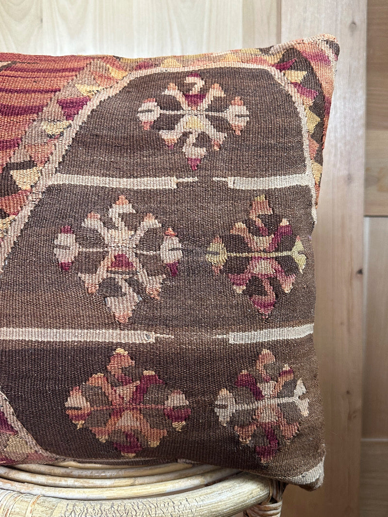 Vintage Turkish Kilim Pillow Cover – Handwoven Wool Cushion with Brown, Burgundy, and Beige Tribal Motifs – Rustic, Boho, and Southwestern Home Decor Accent