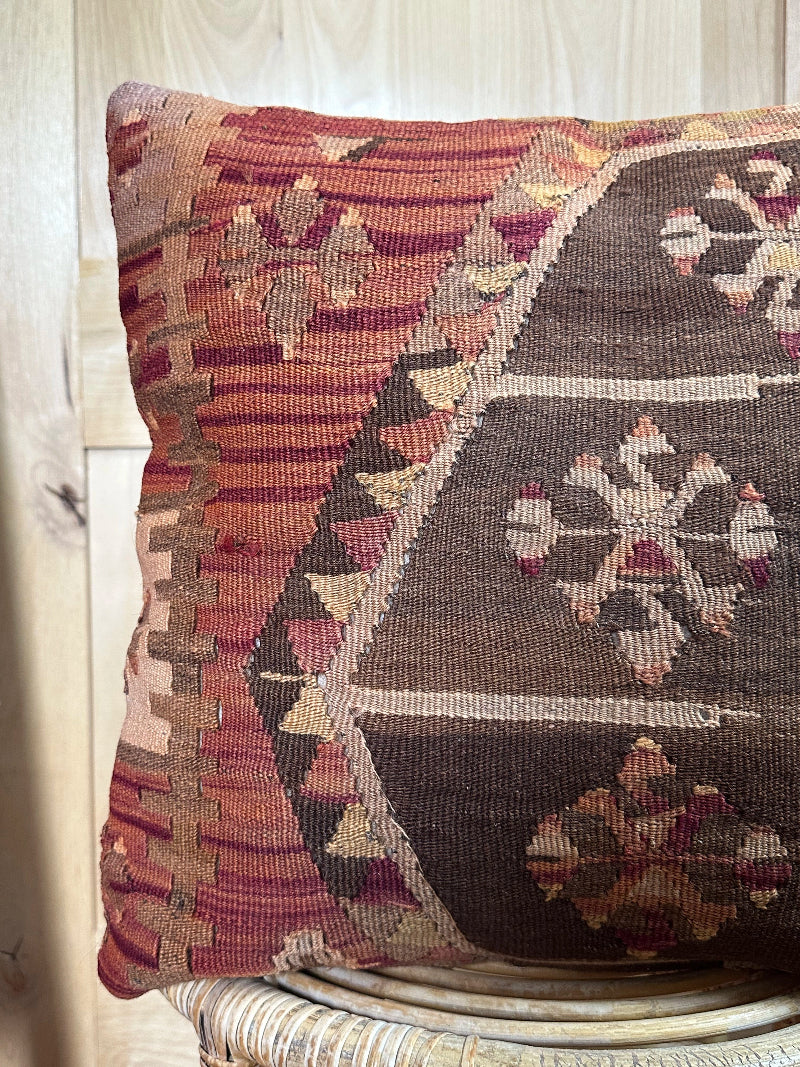 Vintage Turkish Kilim Pillow Cover – Handwoven Wool Cushion with Brown, Burgundy, and Beige Tribal Motifs – Rustic, Boho, and Southwestern Home Decor Accent