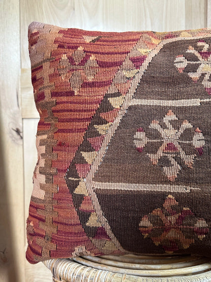 Vintage Turkish Kilim Pillow Cover – Handwoven Wool Cushion with Brown, Burgundy, and Beige Tribal Motifs – Rustic, Boho, and Southwestern Home Decor Accent