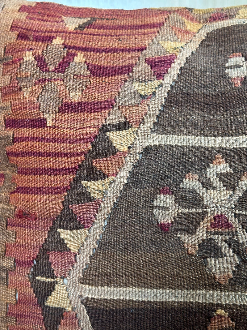 Vintage Turkish Kilim Pillow Cover – Handwoven Wool Cushion with Brown, Burgundy, and Beige Tribal Motifs – Rustic, Boho, and Southwestern Home Decor Accent