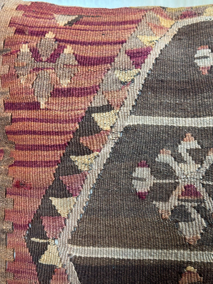 Vintage Turkish Kilim Pillow Cover – Handwoven Wool Cushion with Brown, Burgundy, and Beige Tribal Motifs – Rustic, Boho, and Southwestern Home Decor Accent