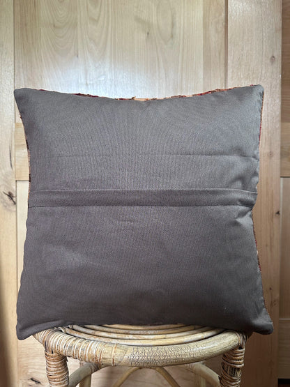 Vintage Turkish Kilim Pillow Cover – Handwoven Wool Cushion with Brown, Burgundy, and Beige Tribal Motifs – Rustic, Boho, and Southwestern Home Decor Accent