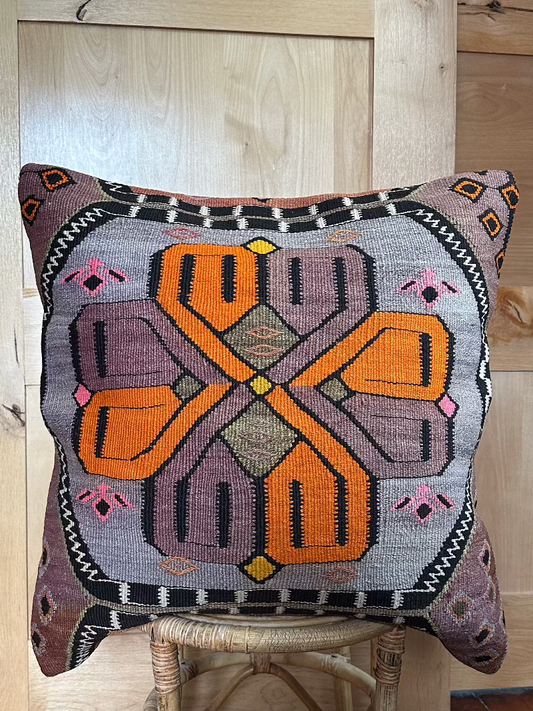Vintage Turkish Kilim Pillow Cover – Handwoven Wool Cushion with Bold Orange, Purple, and Pink Geometric Floral Design – Boho, Global, and Eclectic Home Decor Accent