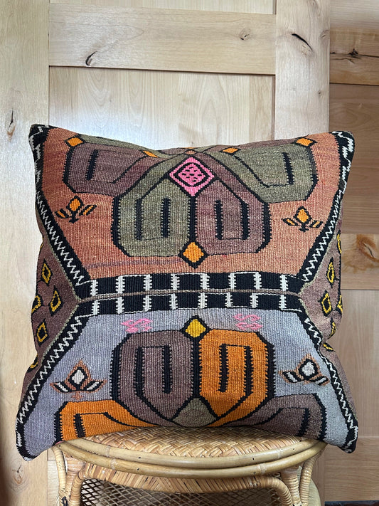 Vintage Turkish Kilim Pillow Cover – Handwoven Wool Cushion with Bold Orange, Purple, and Pink Geometric Floral Design – Boho, Global, and Eclectic Home Decor Accent