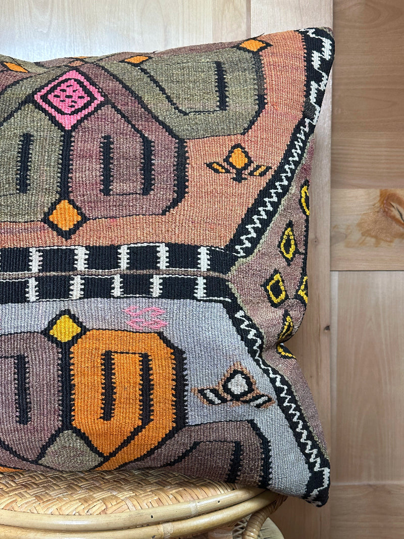 Vintage Turkish Kilim Pillow Cover – Handwoven Wool Cushion with Bold Orange, Purple, and Pink Geometric Floral Design – Boho, Global, and Eclectic Home Decor Accent